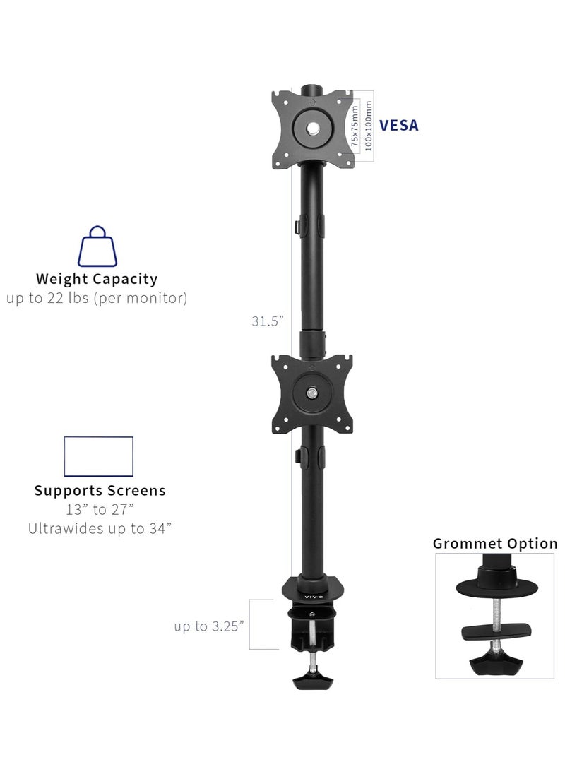 Dual Monitor Desk Mount Stand with Height Adjustment and VESA Plates for 2 LCD Ultrawide Screens up to 34 inches, Stacked Array, STAND-V002R