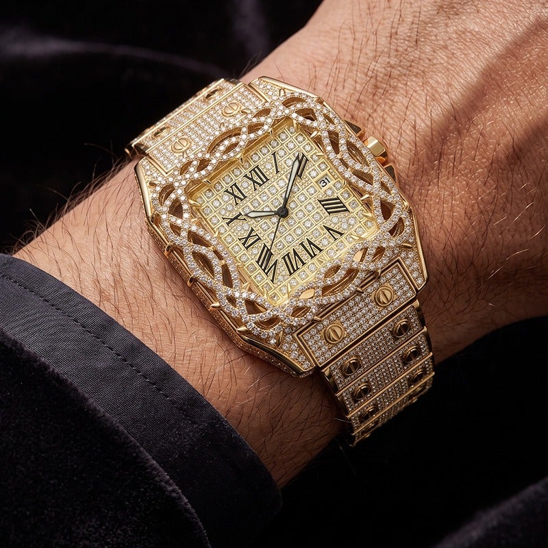 FX Men's Luxury Square Watch with Diamond Accents, Roman Numerals, Calendar, Water Resistant 30M, Stainless Steel Butterfly Clasp - Image 3
