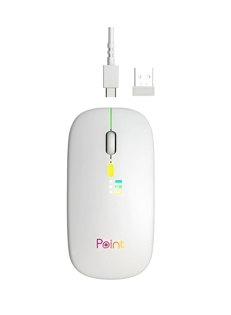 Point PT-20 Wireless Mouse - Modern Design, Dual Mode 2.4GHz/Bluetooth, Colorful Lighting, Adjustable DPI 800-1200-1600, 3 Million Clicks Key Life, Lightweight Design (White)
