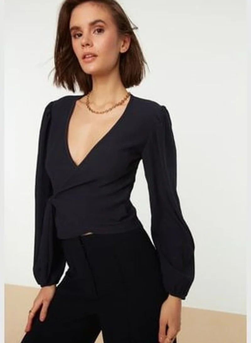 trendyol Navy Blue Double Breasted Crispy Knitted Blouse