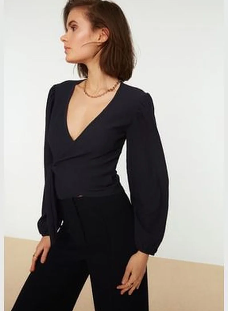 trendyol Navy Blue Double Breasted Crispy Knitted Blouse