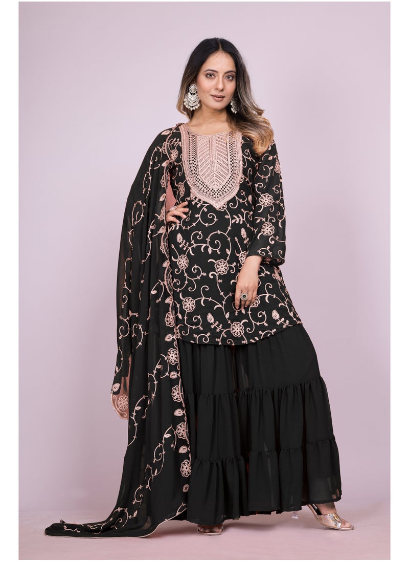 Super Asian Elegant Fox Georgette Embroidered Sharara Set – Fully Stitched Festive Ensemble  - Image 1