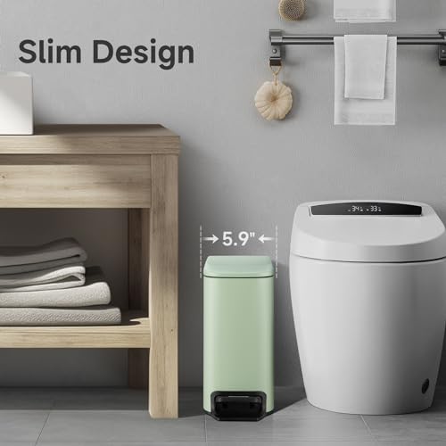 TIPGO Slim Bathroom Trash Can with Lid Soft Close, 6 Liter / 1.6 Gallon Stainless Steel Garbage Can with Removable Inner Bucket, Step Pedal, Small Trash Cans for Bedroom, Office, Kitchen (Green) - Image 2