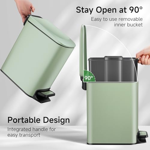 TIPGO Slim Bathroom Trash Can with Lid Soft Close, 6 Liter / 1.6 Gallon Stainless Steel Garbage Can with Removable Inner Bucket, Step Pedal, Small Trash Cans for Bedroom, Office, Kitchen (Green) - Image 3
