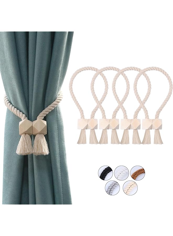 erorex 4 Pack Strong Magnetic Curtain Tiebacks Beige Curtain Holdbacks Outdoor Curtain Tiebacks Cotton Hand Woven Tie Backs Drapery Holdbacks Curtain Ties for Drapes (Beige, 4)  - Image 1