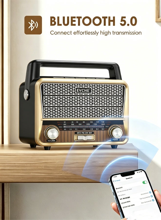 إيفتشي راديو محمول متعدد الموجات (FM/AM/SW) بتصميم قديم، يدعم البلوتوث، مشغل MP3 عبر USB وبطاقة TF، منفذ AUX، كشاف LED مدمج، بطارية قابلة لإعادة الشحن – جودة صوت عالية - Image 2