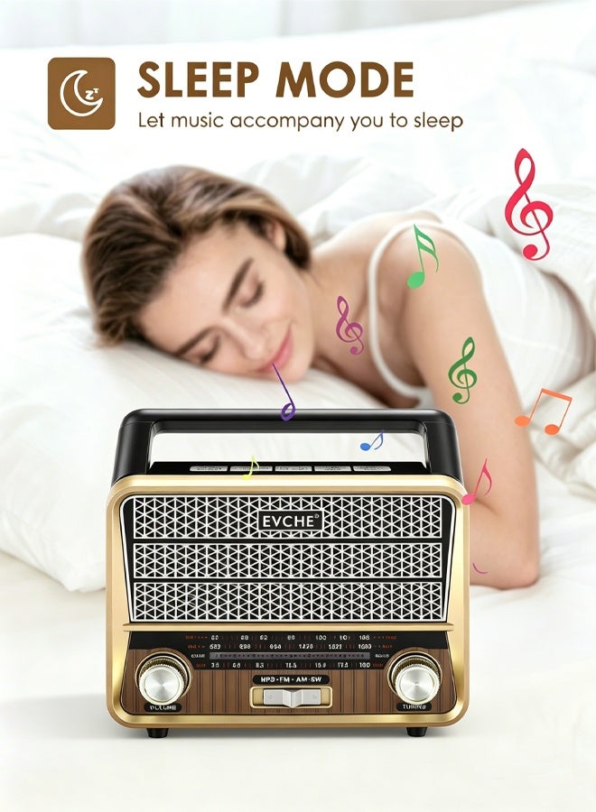 إيفتشي راديو محمول متعدد الموجات (FM/AM/SW) بتصميم قديم، يدعم البلوتوث، مشغل MP3 عبر USB وبطاقة TF، منفذ AUX، كشاف LED مدمج، بطارية قابلة لإعادة الشحن – جودة صوت عالية - Image 3