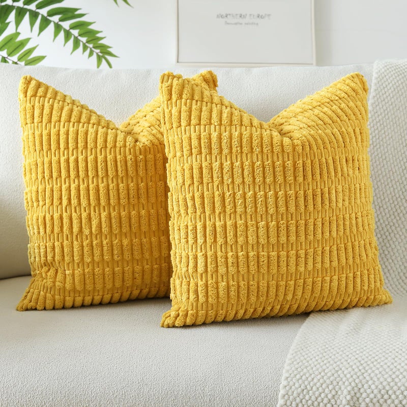 JOTOM Pack of 2 Corduroy Soft Striped Cushion Covers 40x40 cm 16x16 Inch Boho Decorative Throw Pillow Covers Square Cushion Case Home Decor Pillow Cases for Couch Sofa Living Room Bed Mustard Yellow