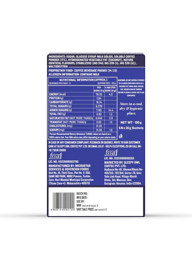 Sleepy Owl Cappuccino Instant Coffee Premix Sachets | 3 in 1 Coffee Sachet | Frothy & Creamy Cafe-Style Coffee at Home | All in One Premix Coffee Sachet Just Add Hot Water | 100g (5 Sachets x 20g) - Image 2