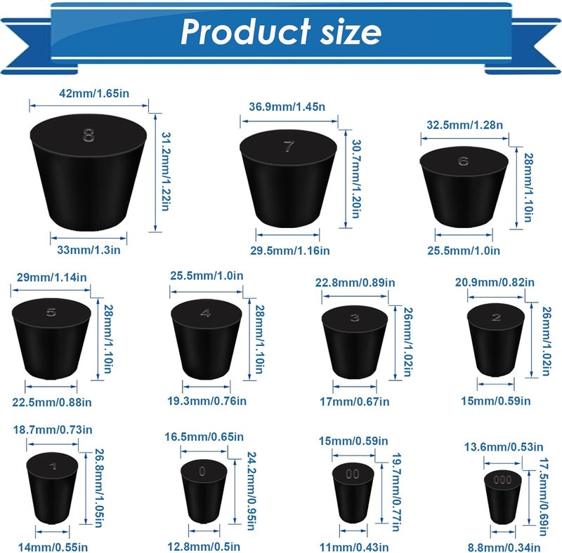 Eoppen 24Pcs Solid Rubber Stopper 11 Assorted Sizes 000# - 8# for Flask, Plug Holes, Lab Seal Rubber Stoppers - Image 2