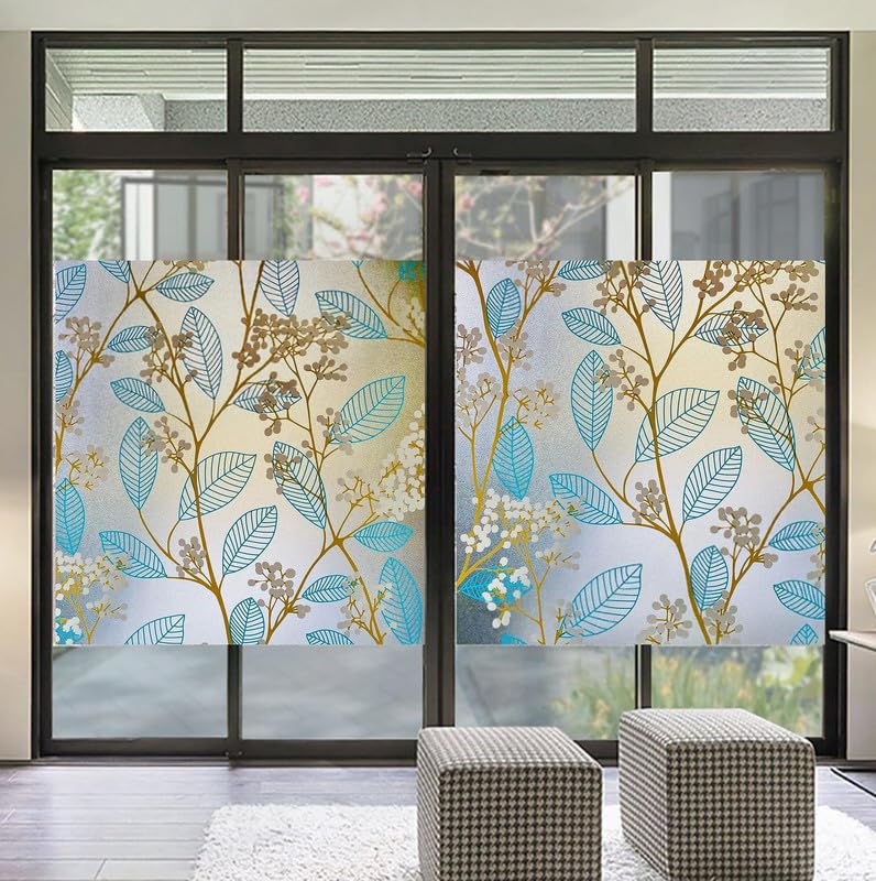 HomeVera Decorative Peel and Stick Glass Film Window Film for Glass Film for Windows Privacy - Blue Leaves12 X 36 Inchs - Image 2