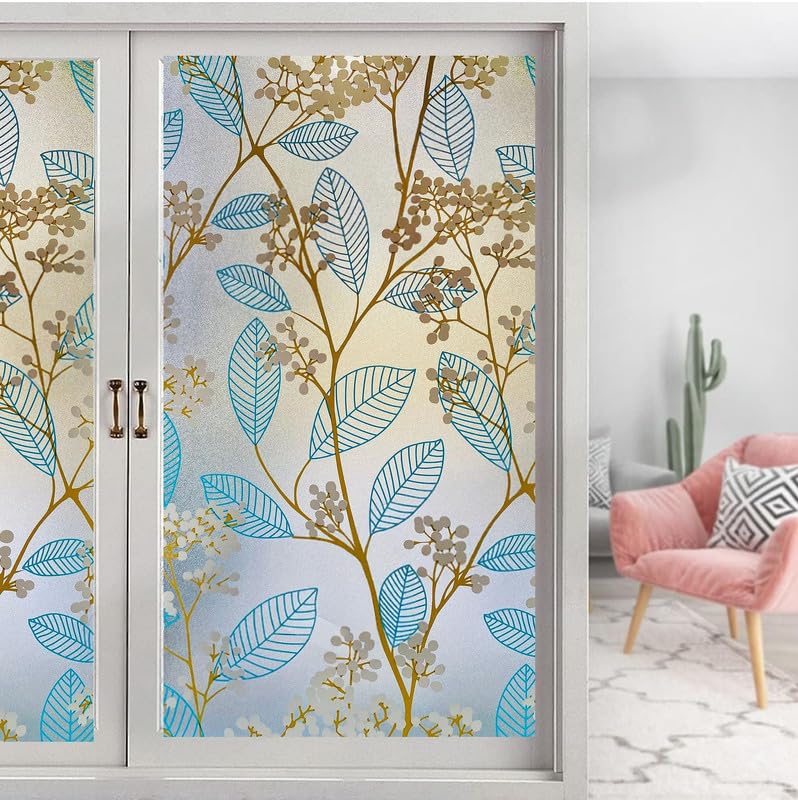 HomeVera Decorative Peel and Stick Glass Film Window Film for Glass Film for Windows Privacy - Blue Leaves12 X 36 Inchs - Image 3