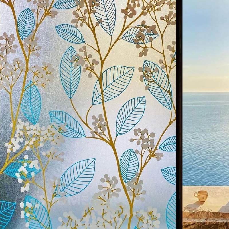 HomeVera Decorative Peel and Stick Glass Film Window Film for Glass Film for Windows Privacy - Blue Leaves12 X 36 Inchs - Image 1