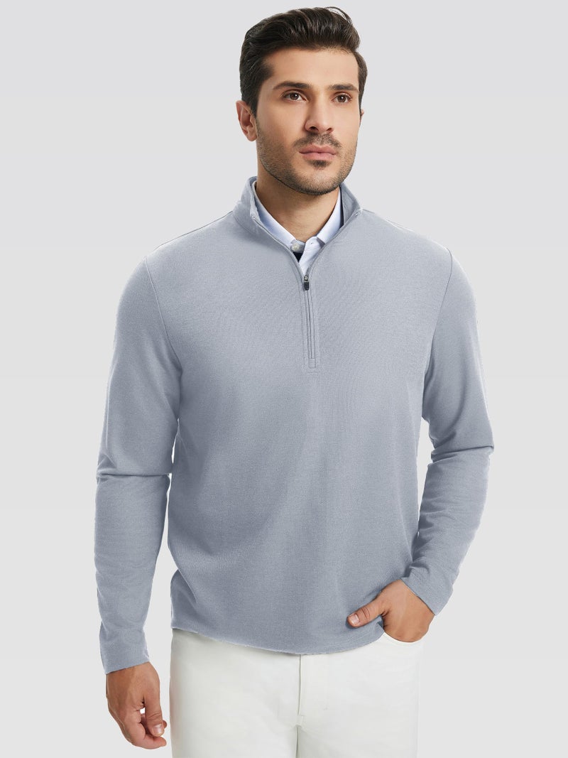 M MAELREG Mens Quarter Zip Pullover Dry Fit Mock Neck Long Sleeve Performance Casual Sport Golf Sweatshirt for Men Light Grey - Image 2