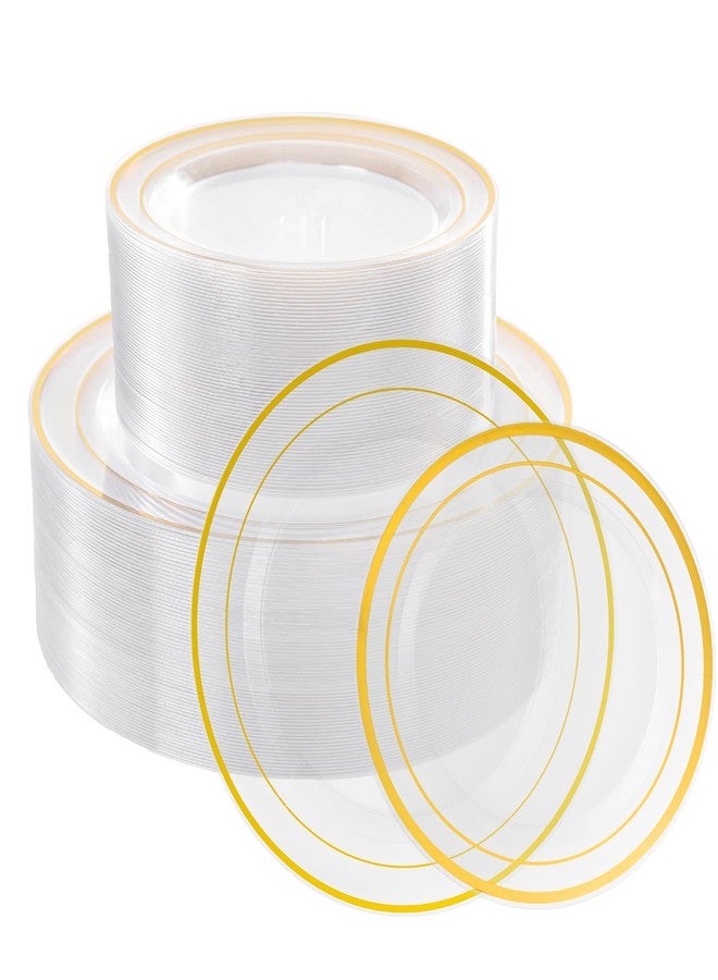 Lullaby 102PCS Clear Plastic Plate with Gold Rim, Includes 51pcs Dinner Plates 10” and 51pcs Dessert Plates 7”, Disposable Elegant Plate for Birthdays, Parties and Wedding - Image 1