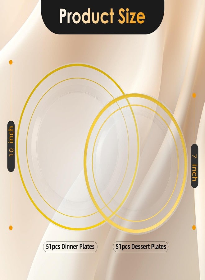 Lullaby 102PCS Clear Plastic Plate with Gold Rim, Includes 51pcs Dinner Plates 10” and 51pcs Dessert Plates 7”, Disposable Elegant Plate for Birthdays, Parties and Wedding - Image 2