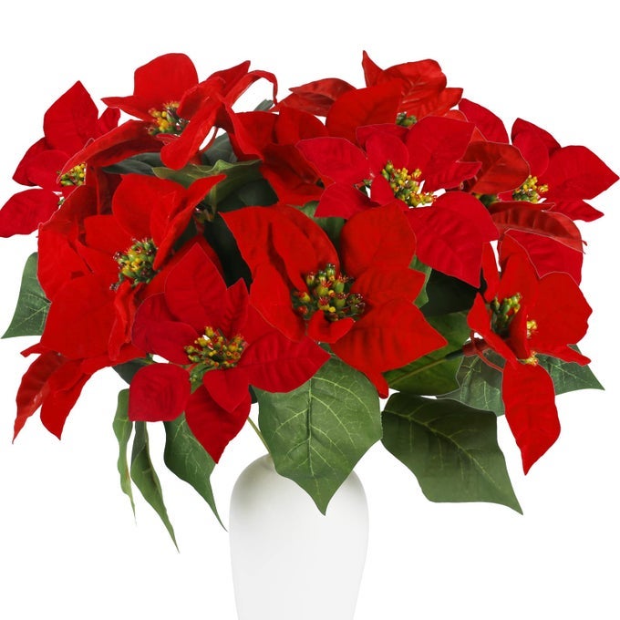 CHRISTMAS ARTIFICIAL FLOWERS POINSETTIA CHRISTMAS DECORATIONS FAKE BUSHES FLOWER ARRANGEMENT FOR XMAS CHRISTMAS TABLE CENTERPIECES VASE FILLERS WINTER HOLIDAY DECORATION 3 BUNDLES