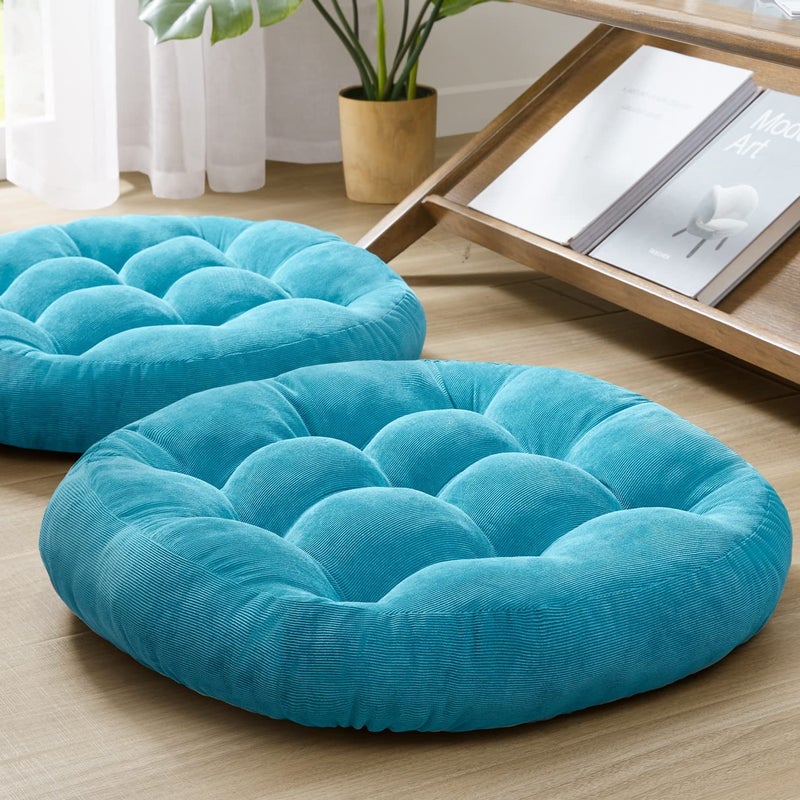 Degrees of Comfort Meditation Floor Pillow Set of 2 Round Large Pillows Seating for Adults Tufted Corduroy Thick Cushion for Living Room Tatami Turquoise 22 Inch2 Count Pack of 1