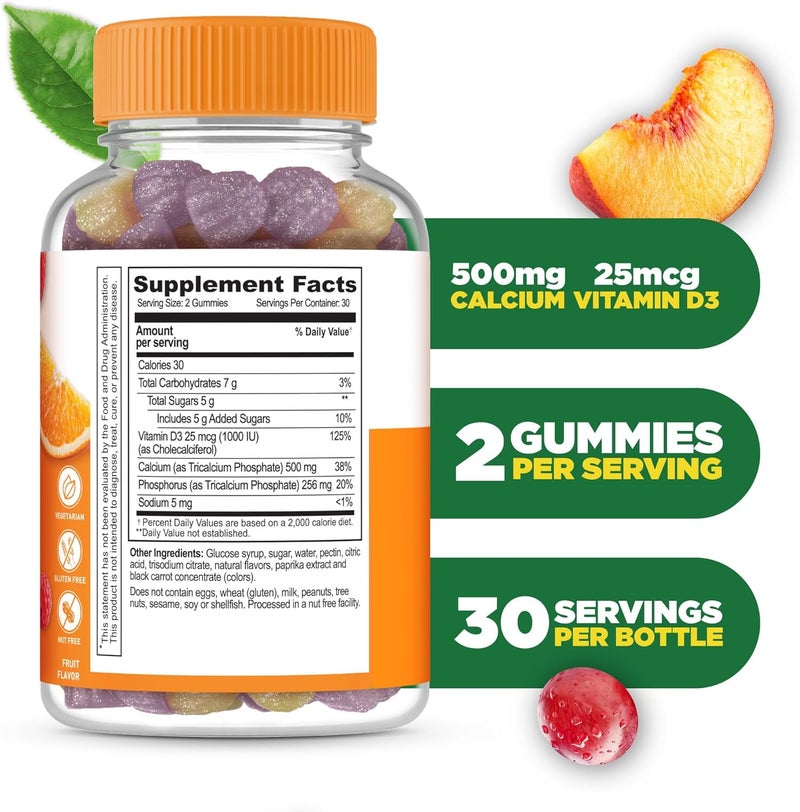 Lifeable Calcium with Vitamin D3 Gummies  Calcium 500 mg D3 1000 IU  Great Tasting Bone Strength Supplements  for Bone Health  Calcium Gummies for Women Men  60 Gummies - Image 2