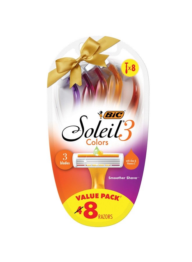 بيك شفرات حلاقة Soleil Smooth Colors للسيدات للاستخدام مرة واحدة مع شريط تشحيم فيتامين E لتحسين الانزلاق، مع 3 شفرات، 8 قطع، هدية رائعة - Image 1