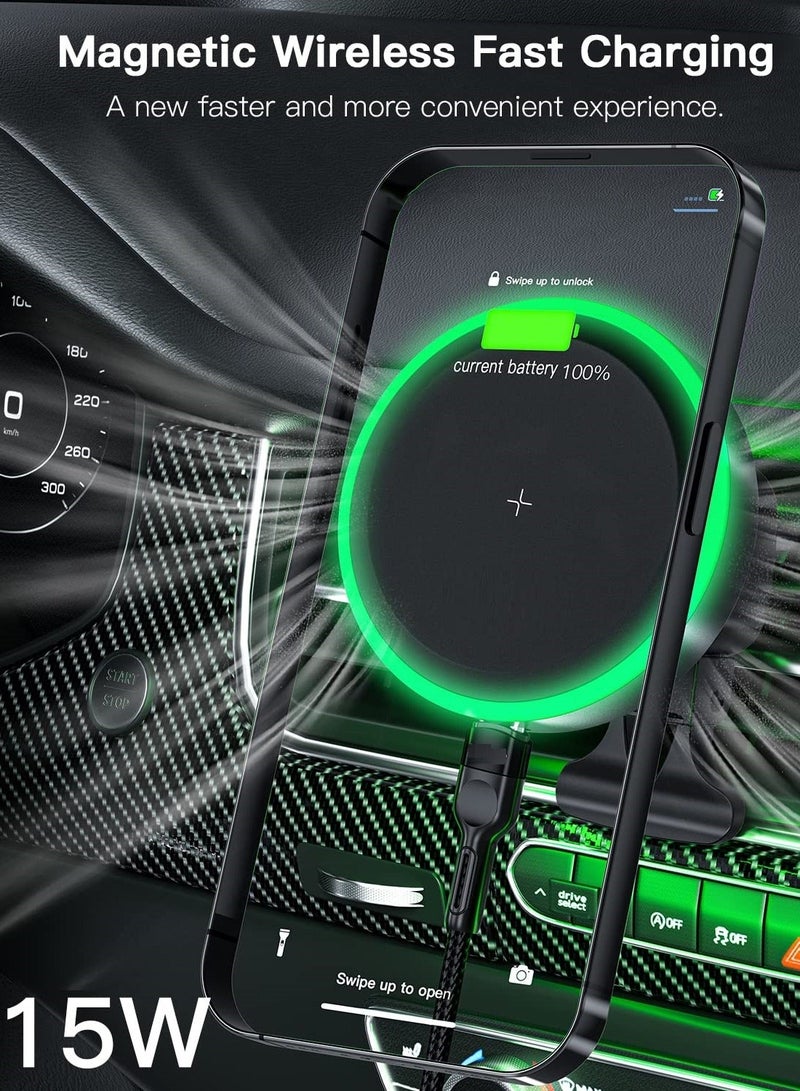 Magnetic Wireless Car Charger Mount,Compatible with Magsafe Mount,Stick on Dashboard Air Vent Phone Holder for iPhone 14/13/12 Series