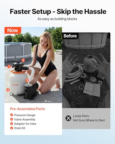 VEVOR 12" Sand Filter Pump for Above Ground Pools Up to 15000 Gallons, 0.33 HP 3000 GPH Pool Filtration System, Pre-Assembled Core for Easy Setup, Leak-Resistant Design & 6-Way Valve - Image 2