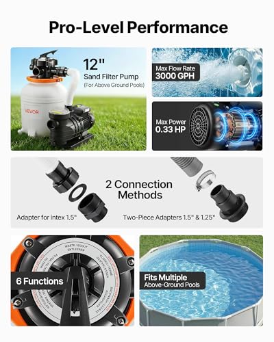 VEVOR 12" Sand Filter Pump for Above Ground Pools Up to 15000 Gallons, 0.33 HP 3000 GPH Pool Filtration System, Pre-Assembled Core for Easy Setup, Leak-Resistant Design & 6-Way Valve - Image 3