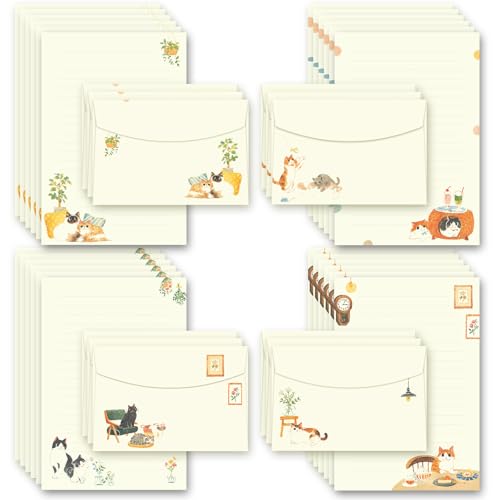 TEETOOKEA 72 Pieces Cute Cat Writing Paper and Envelopes 83x56 Inch Stationery Set 48 Lined Sheets 24 Envelopes Kitty Design for Letters Invitations Gifts Holidays Party Notes - Image 1