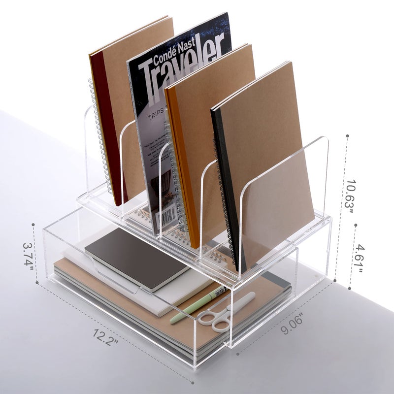 HeZone Desk Organizers and Accessories, Acrylic Desk Organizer with Drawer, Office Supplies Organization Storage, Clear Acrylic File Organizer for Desk - 1 Pack - Image 3