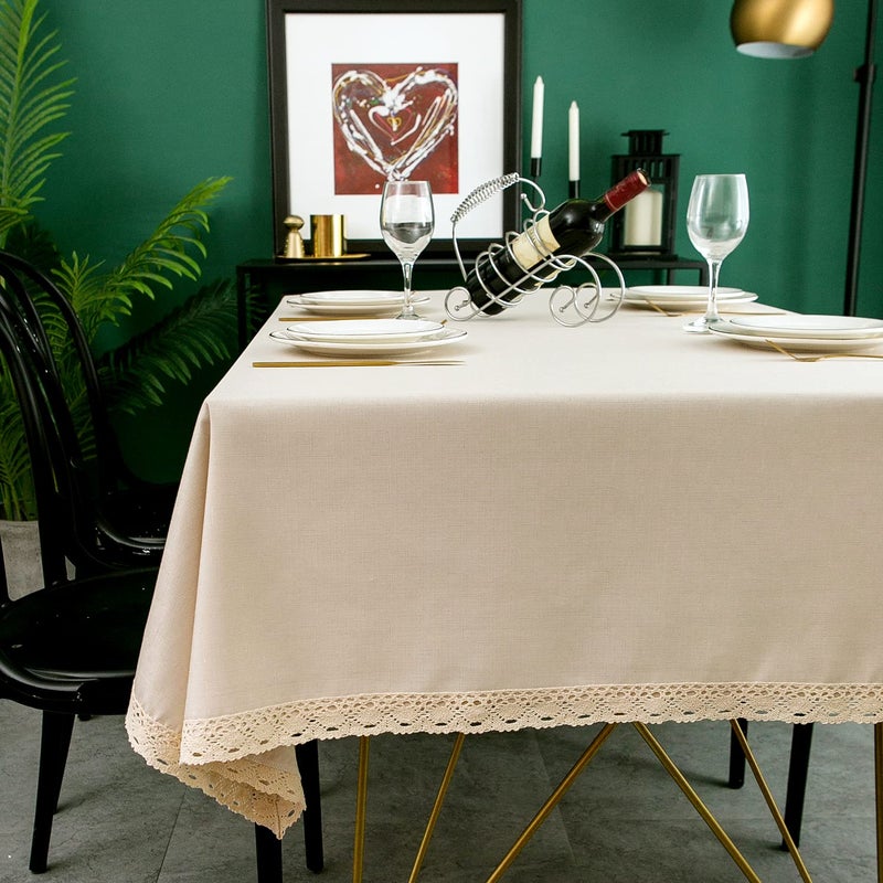EHouseHome Faux Linen Tablecloth with Lace Trim - Waterproof/Spill Proof/Stain Resistant/Wrinkle Free/Oil Proof - for Banquet  Parties  Dinner Wedding Holiday Nature  Rectangle 60x102Inch - Image 1