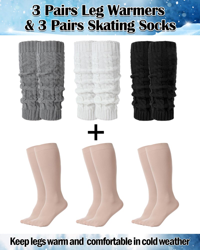 Chuarry 6 Pairs Skating Leg Warmer Sets for Women Girls Knit Long Leg Warmers Socks Calf Socks Set for Ice Figure Skating(Black White Gray Nude,Spiral Style) - Image 2