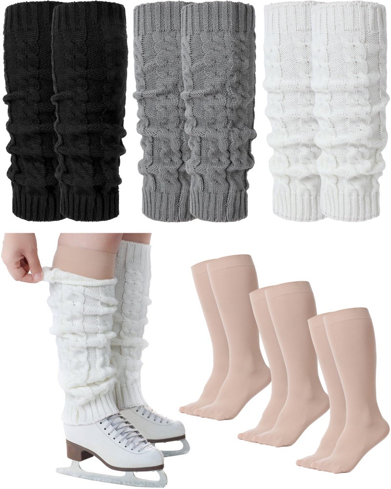 Chuarry 6 Pairs Skating Leg Warmer Sets for Women Girls Knit Long Leg Warmers Socks Calf Socks Set for Ice Figure Skating(Black White Gray Nude,Spiral Style) - Image 1