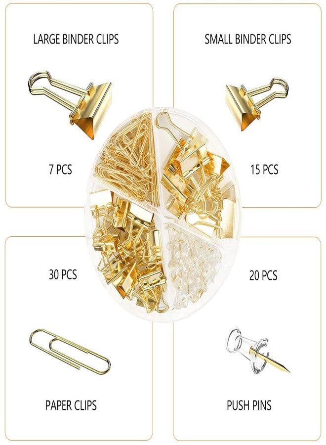 CREECHWA Gold Paper Binder and Clips Set, Metal Assorted Sized Binders with Push Pins, Cute Office Supplies, Teacher Desk Must Haves, Desk Accessories - Image 3