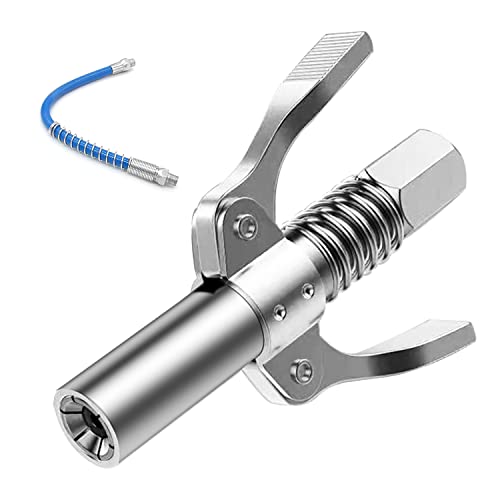 Gute Double Handle Grease Gun Coupler, 10000 PSI Duty Grease Tips Quick Lock and Release Grease Coupler with 12" Spring Flex Hose,Compatible with All Grease Guns 1/8" NPT Ends,1PC - Image 1