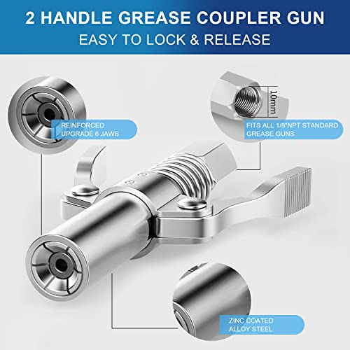 Gute Double Handle Grease Gun Coupler, 10000 PSI Duty Grease Tips Quick Lock and Release Grease Coupler with 12" Spring Flex Hose,Compatible with All Grease Guns 1/8" NPT Ends,1PC - Image 2