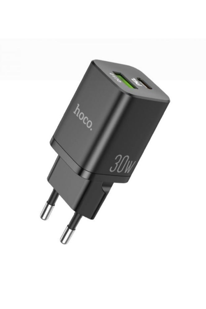 Hoco N13 - Bright Dual Ports Fast Charger (3A - 30W), Support PD30W, QC3.0/2.0, FCP,SCP, AFC And Other Fast Charging Protocols, Compatible with iPhone Samsung Xiaomi Oppo Huawei - Black