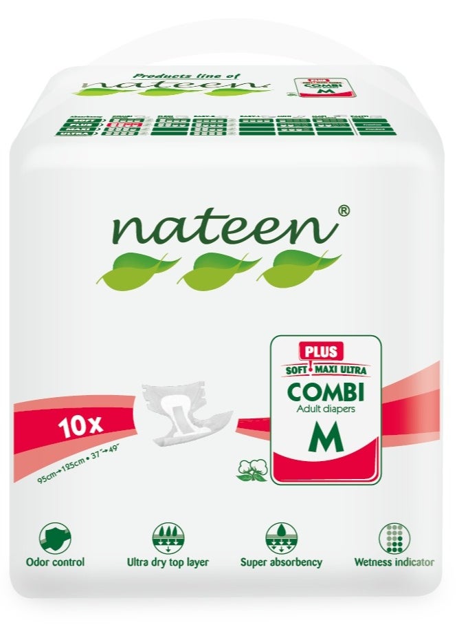 nateen حفاضات ناتين كومبي بلس للكبار، متوسطة الحجم، مقاس الخصر 95-125 سم، 10 حفاضات للكبار، مع طبقة عالية الامتصاص، مانعة للتسرب، ملابس داخلية للاستعمال مرة واحدة للرجال والنساء، قدرة امتصاص 1900 مل.  - Image 1