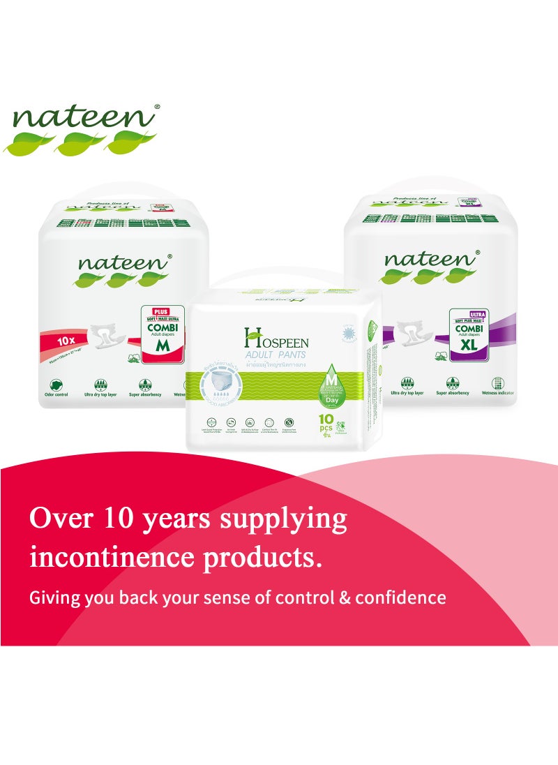 nateen - Combi Plus Incontinence Adult Diaper,Medium,Waist Size 95-125Cm,10 Count Adult Diapers,With High Absorbent Layer,Leak Guard,Disposable Underwear For Men&Women,1900Ml Absorbency. - Image 1
