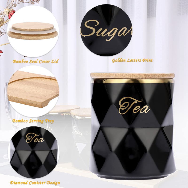 JUXYES Set of 3 Ceramic Canisters Set for Sugar Coffee Tea  Luxurious Storage Containers Sets with Lids Decorative Storage Pots Black Ceramic Storage Jar for Kitchen Counter Dining Room - Image 3