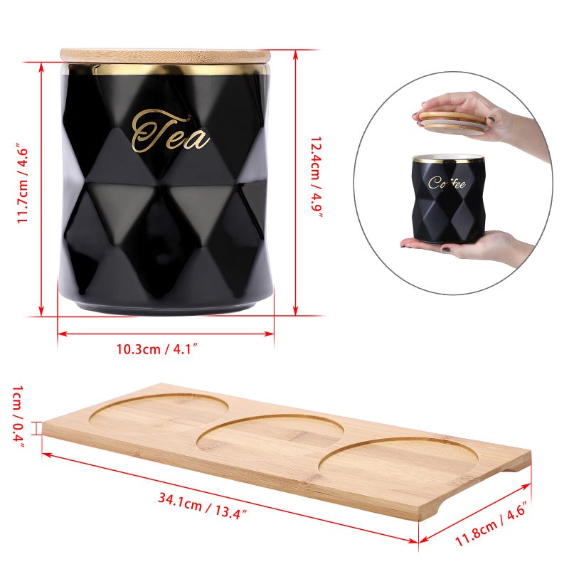 JUXYES Set of 3 Ceramic Canisters Set for Sugar Coffee Tea  Luxurious Storage Containers Sets with Lids Decorative Storage Pots Black Ceramic Storage Jar for Kitchen Counter Dining Room - Image 2