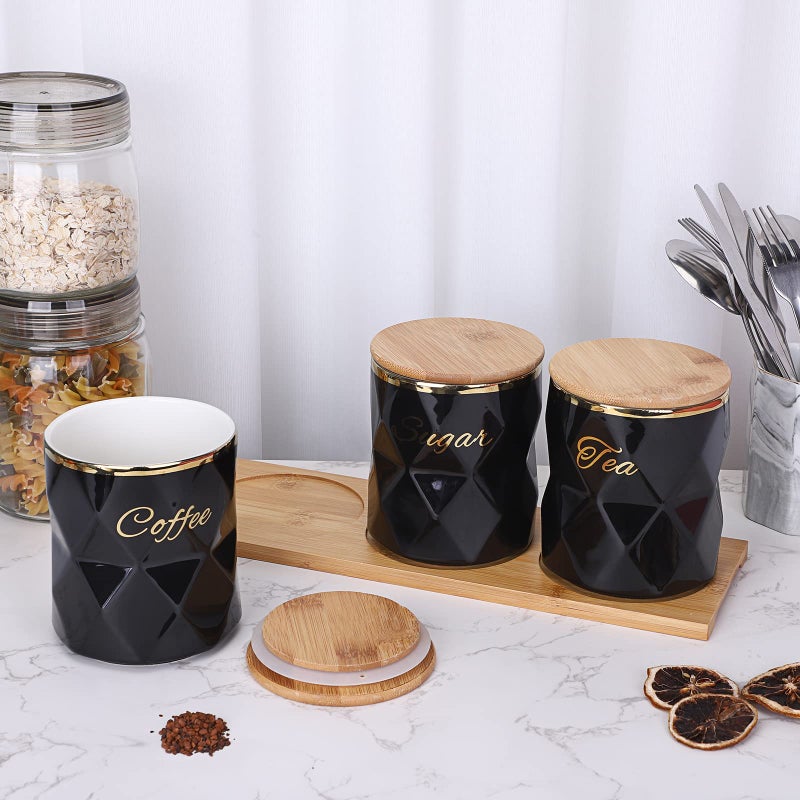 JUXYES Set of 3 Ceramic Canisters Set for Sugar Coffee Tea  Luxurious Storage Containers Sets with Lids Decorative Storage Pots Black Ceramic Storage Jar for Kitchen Counter Dining Room - Image 5