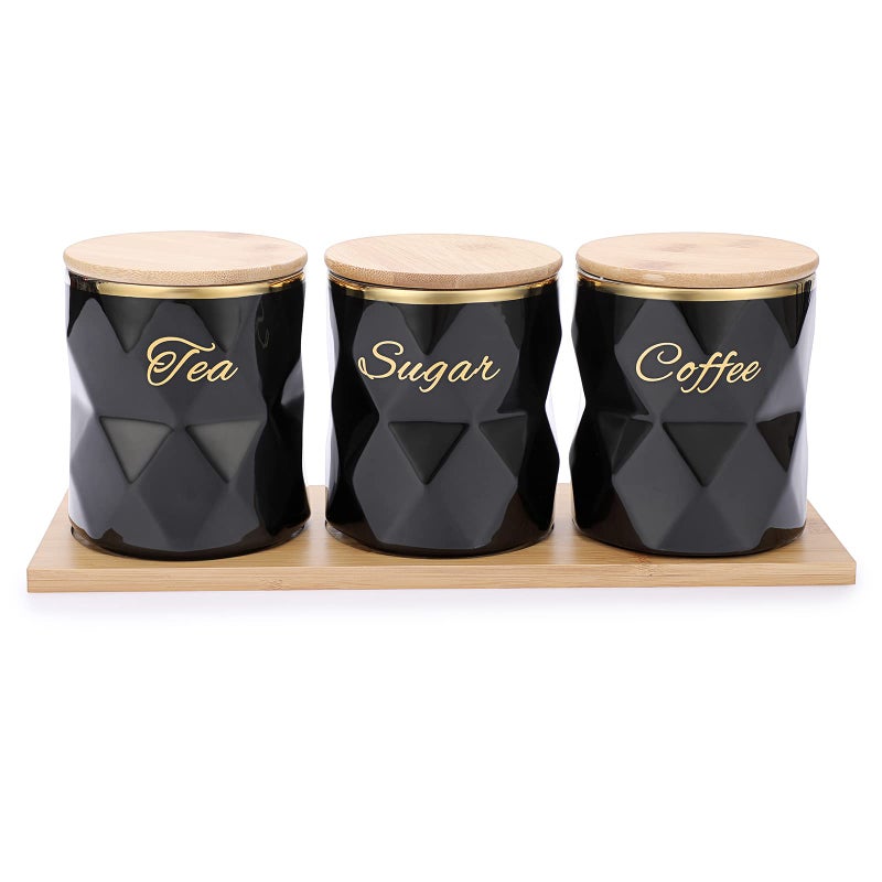 JUXYES Set of 3 Ceramic Canisters Set for Sugar Coffee Tea  Luxurious Storage Containers Sets with Lids Decorative Storage Pots Black Ceramic Storage Jar for Kitchen Counter Dining Room - Image 1