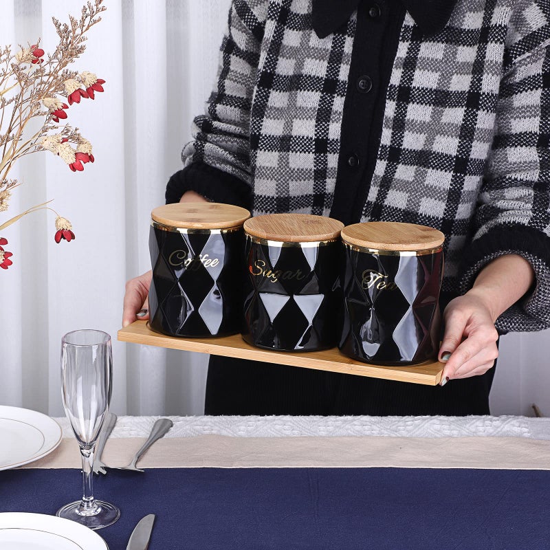 JUXYES Set of 3 Ceramic Canisters Set for Sugar Coffee Tea  Luxurious Storage Containers Sets with Lids Decorative Storage Pots Black Ceramic Storage Jar for Kitchen Counter Dining Room - Image 4