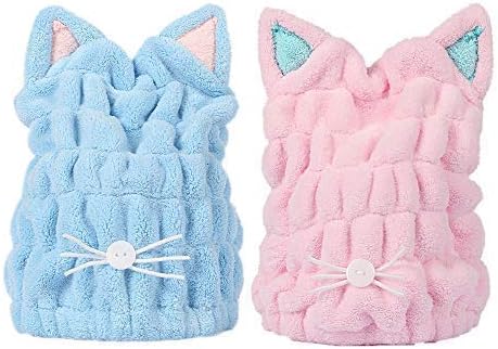 OrangeTag 2Pcs Ultra Absorbent Hair Quick Drying Towel Microfiber Hair Dry Wrap Turban Cute Kitty Ears Cap Bath Tool Hat for Women Girls