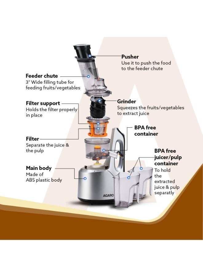 AGARO Imperial Slow Juicer Professional Cold Press Whole Slow Juicer, 240 Watts Power Motor, 3 Strainers, All-in-1 Fruit & Vegetable Juicer, Grey/Black - Image 2