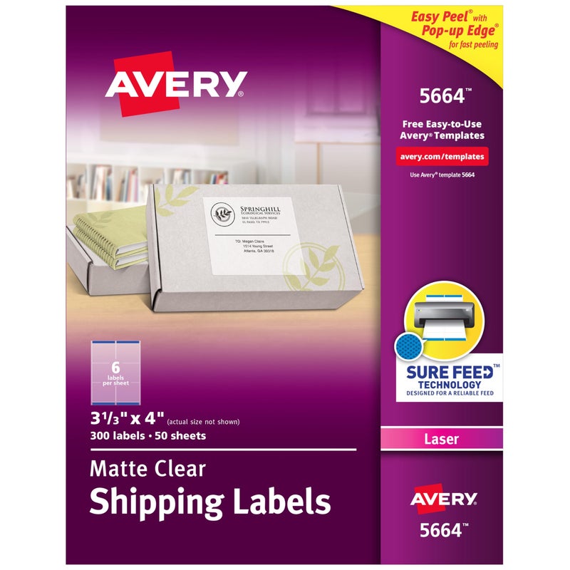 Avery Printable Shipping Labels with Sure Feed, 3-1/3" x 4", Matte Clear, 300 Blank Mailing Labels (5664) - Image 1