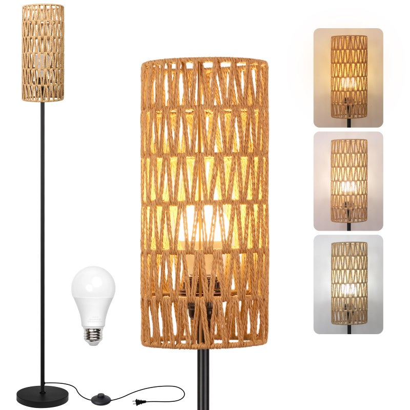 Ruiever Floor Lamp for Living Room,Farmhouse Rattan Floor lamp,Modern Standing lamp with Hand-Worked Rattan Shade,Black Tall Lamp with Foot Switch for Bedroom,Kids Room,Office,LED Bulb is Included. - Image 1