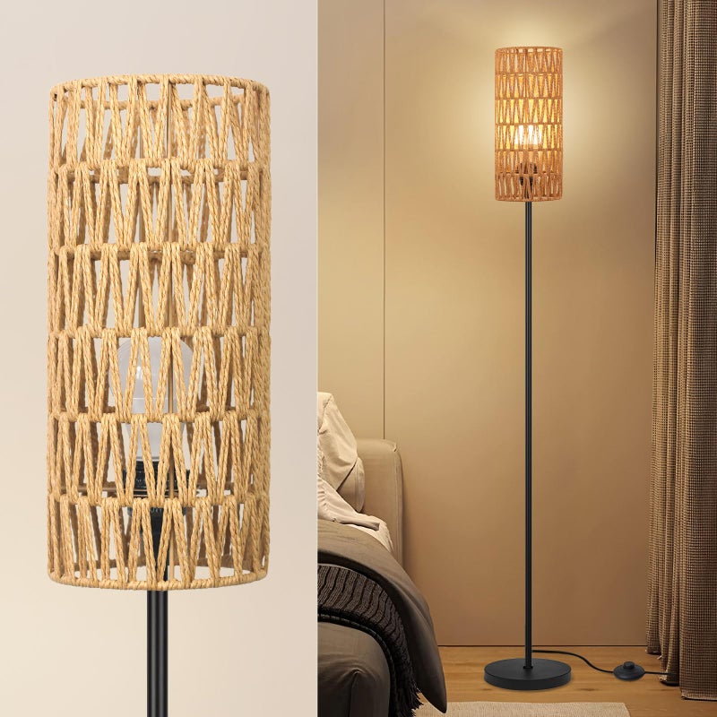 Ruiever Floor Lamp for Living Room,Farmhouse Rattan Floor lamp,Modern Standing lamp with Hand-Worked Rattan Shade,Black Tall Lamp with Foot Switch for Bedroom,Kids Room,Office,LED Bulb is Included. - Image 3