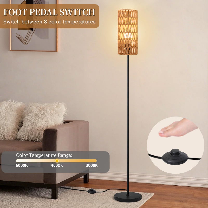 Ruiever Floor Lamp for Living Room,Farmhouse Rattan Floor lamp,Modern Standing lamp with Hand-Worked Rattan Shade,Black Tall Lamp with Foot Switch for Bedroom,Kids Room,Office,LED Bulb is Included. - Image 4