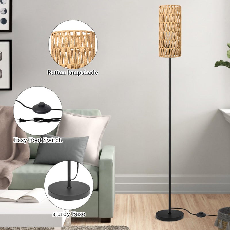 Ruiever Floor Lamp for Living Room,Farmhouse Rattan Floor lamp,Modern Standing lamp with Hand-Worked Rattan Shade,Black Tall Lamp with Foot Switch for Bedroom,Kids Room,Office,LED Bulb is Included. - Image 2